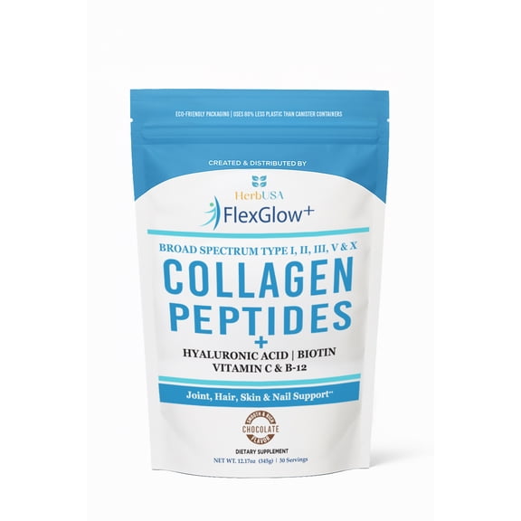 HerbUSA FlexGlow+ Collagen Peptides Chocolate - Broad Spectrum (I, II, III, V, X) 6,900mg Hyaluronic Acid, Biotin & Vitamin C Hair, Skin & Joint Support 30 Servings (12.17oz)