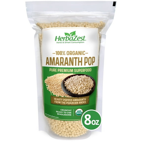 HerbaZest Organic Amaranth Pop | 8 oz | Vegan, Gluten-Free & Nutritious | Crunchy & Ready to Use in Yogurt, Cereal, Snacks & Desserts | Superfoods