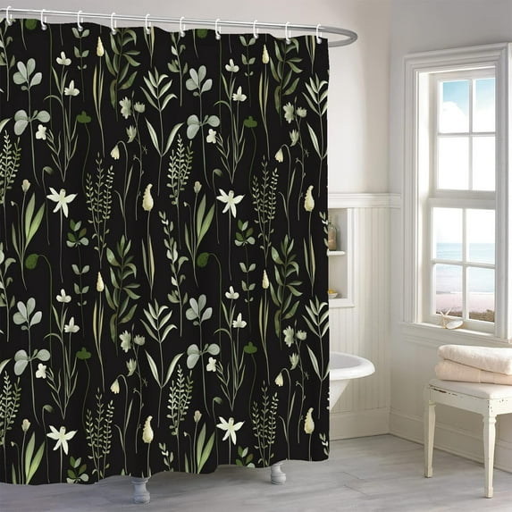 Herbaceous Plant Shower Curtain, Green Plants Herb Floral Bathroom Curtain, Black Botanical Shower Curtain Set with 12 Hooks for Bathroom, 72Wx72L inch