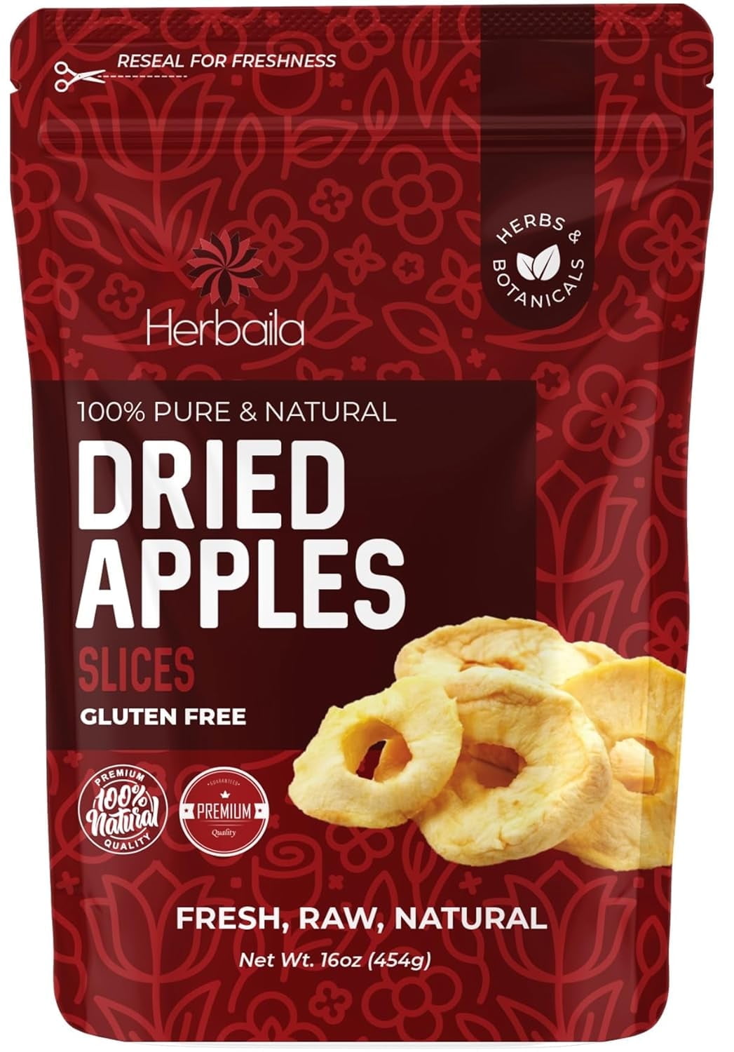Herbaila Dried Apple Slices 16oz. Gluten Free, No Sugar Added , Resealable Bag - 1lb.