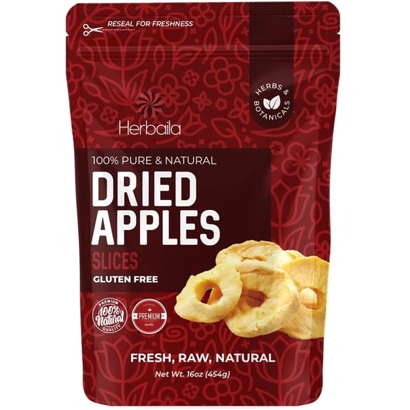 Herbaila Dried Apple Slices 16oz. Gluten Free, No Sugar Added , Resealable Bag - 1lb.