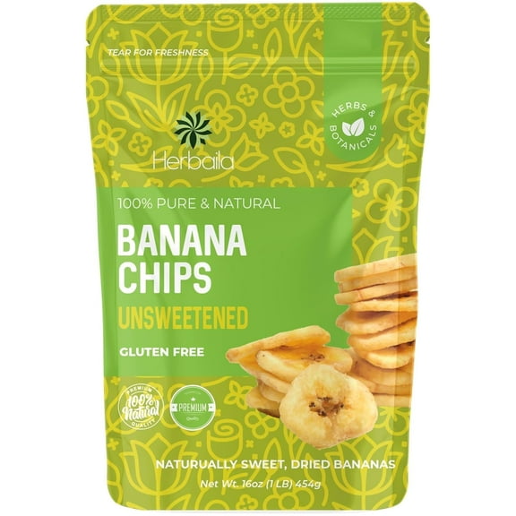 Herbaila Dried Banana Chips Unsweetened 16oz. All Natural, Non-GMO, Kosher, Resealable Bag - 1lb
