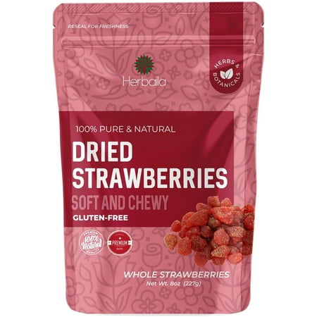 Herbaila Dried Strawberries, Lightly Sweetened, 8 oz. Vegan, Kosher, Gluten Free, Healthy Snack. Resealable Bag.