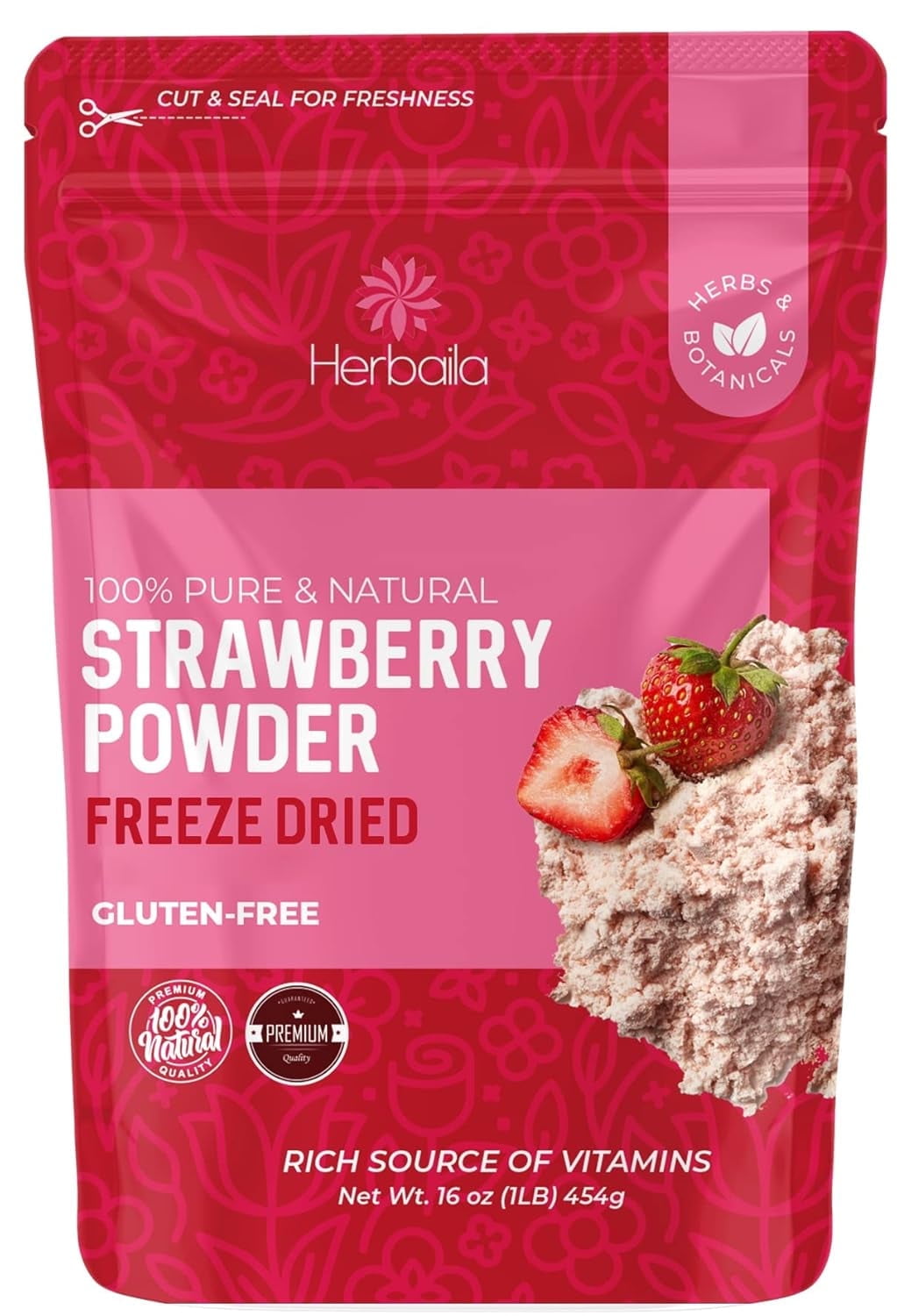 Herbaila Freeze Dried Strawberry Powder 16oz, No Sugar Added - Pure All Natural Strawberry Powder for Baking, Flavoring. Non GMO, Gluten Free. 1LB