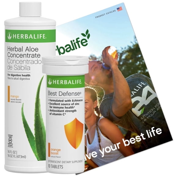 Herbal Aloe Pint 16 Fl Oz (473ml) (Mango Flavor) H E R B A L I F E. with Best Defense 1Bottle and Product Catalog