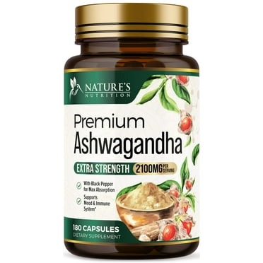 Herbal Ashwagandha 2,100 mg - Extra Strength Unwind, Calm & Relax Support with Black Pepper - Natural Focus & Energy Support - Ashwagandha Powder Supplements - Vegan, Gluten Free - 180 Capsules