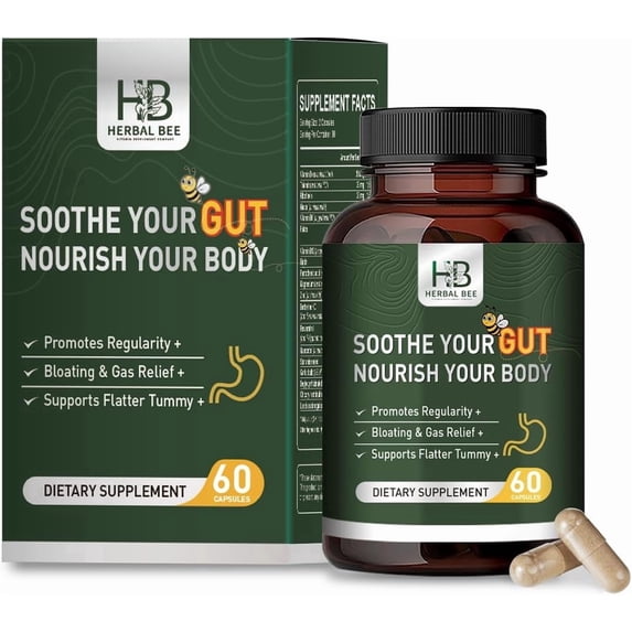 Herbal Bee Gut Health Capsules for Gas and Bloating Relief, Immune Support Supplement, 60 Count