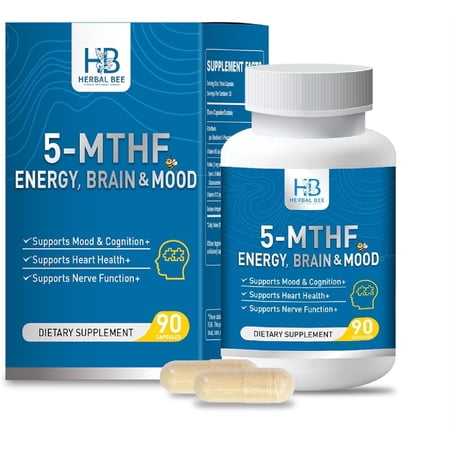 Herbal Bee 5-MTHF Folate Supplement with Vitamin B6 and B12, Brain, Mood and Energy Supplement, 90 Count