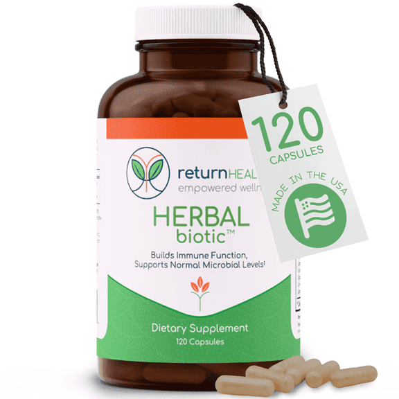 Return Healthy Herbal Biotic Immune Supplement for Women & Men, Natural System Booster with Cat's Claw for Probiotic Gut Balance, 120 Vegan Capsules