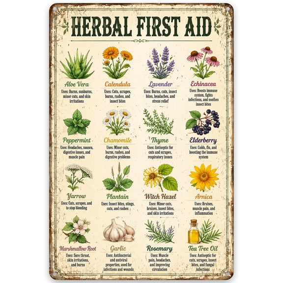 Herbal First Aid Metal Wall Decor Sign, 8x12 Inch, Vintage Style Iron Plaque for Home Decor, Pre-Drilled Holes for Easy Hanging, Rustic Indoor/Outdoor Art, Weather Resistant Finish