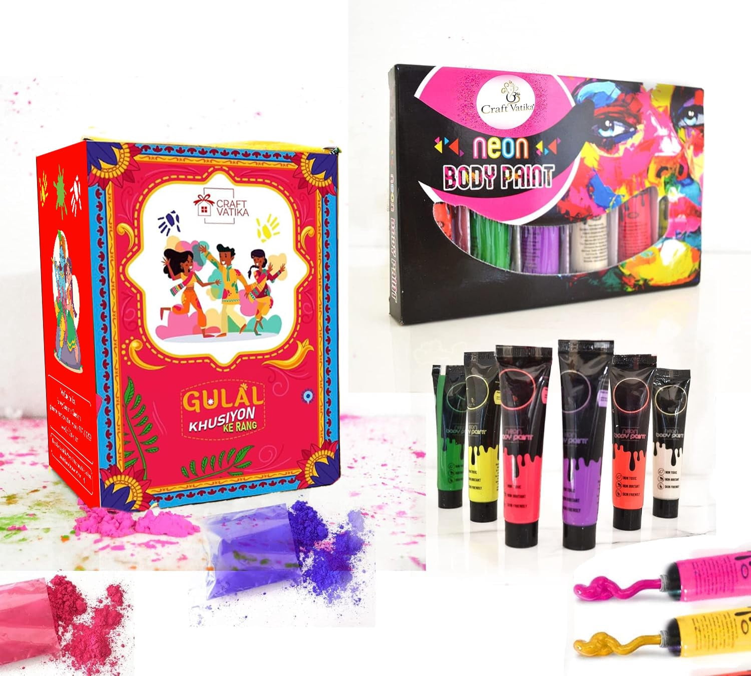 Herbal Holi Gulal Colors With Neon Body Paint Color Paste Tube Combo ...