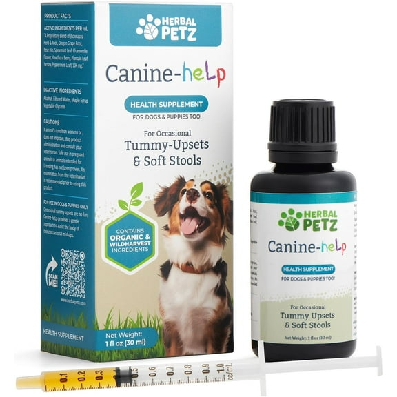 Herbal Petz Canine-Help for Dogs and Puppies - Herbal Health Supplement, Occasional Tummy Upsets, Gut Immune Support, Firm Stools, 1 Fluid Ounce Glass Bottle, Manufactured in The USA