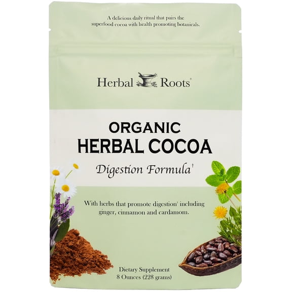 Herbal Roots Organic Digestive Functional Cocoa Beverage Powder - Ginger, Ceylon Cinnamon, Cardamom - Sweetened with Dates and Coconut - 28 Servings