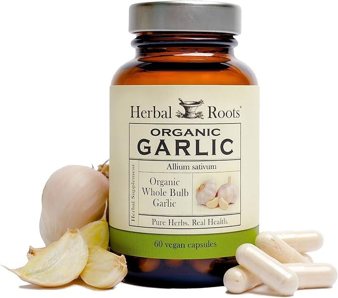 Herbal Roots Organic Whole Bulb Garlic Pills - Potent Extra Strength | 600 mg - 60 Organic Vegan Capsules