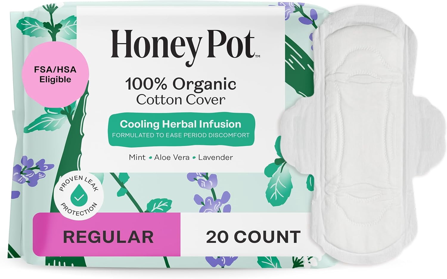 Herbal Sanitary Pads for Women - Regular Flow w/Wings - Infused w/Essential Oils for Cooling Effect & Organic Cotton Cover - Feminine Care - 20 ct