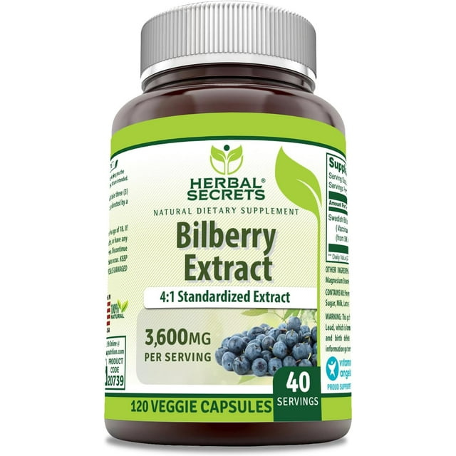 Herbal Secrets Bilberry Extract 3600 Mg Per Serving 120 Veggie Capsules Supplement