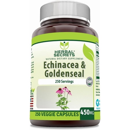 Herbal Secrets Echinacea & Goldenseal Root 450 Mg Per Serving 250 Veggie Capsules Supplement | Non-GMO | Gluten-Free