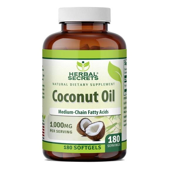 Herbal Secrets Extra Virgin Coconut Oil 1000mg Per Serving 180 Softgels Supplement | Non-GMO | Gluten Free