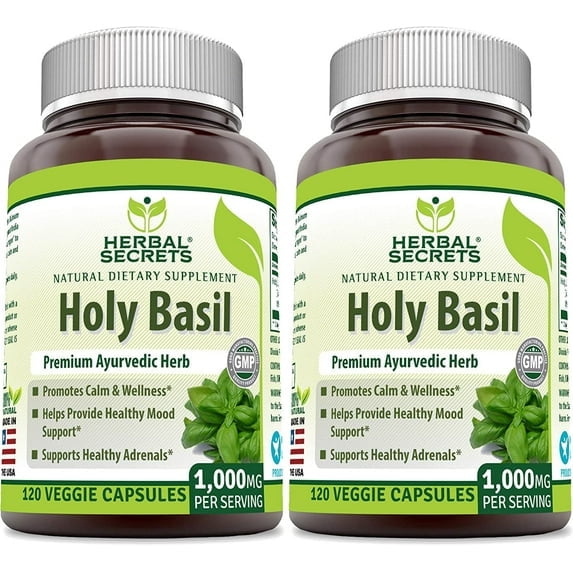 Herbal Secrets Natural Holy Basil 1000 Mg Per Serving 120 Veggie Capsules Supplement | Non-GMO | Gluten Free | Suitable for Vegetarians | Pack of 2