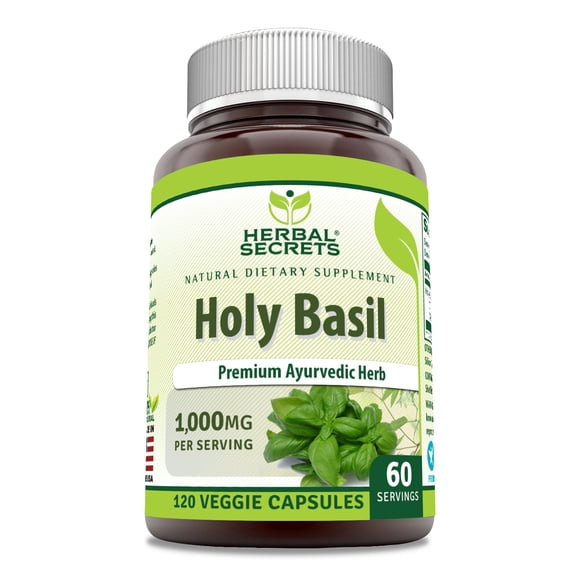 Herbal Secrets Natural Holy Basil 1000 Mg Per Serving 120 Veggie Capsules Supplement | Non-GMO | Gluten Free | Suitable for Vegetarians