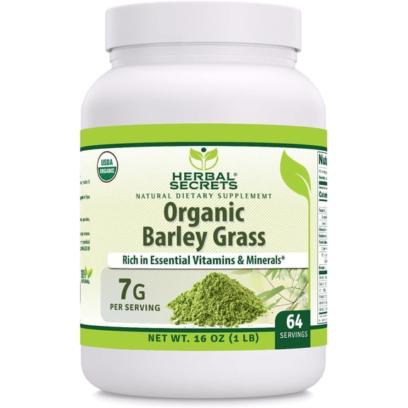 Herbal Secrets USDA Certified Organic Barley Grass Powder 16 Oz | 64 Serving | 7G Per Serving | Non-GMO | Gluten Free