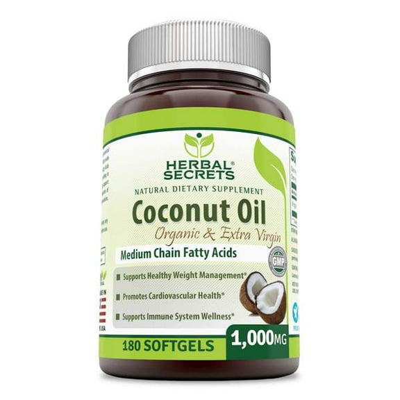 Herbal Secrets Extra Virgin Coconut Oil 1000mg Per Serving 180 Softgels Supplement | Non-GMO | Gluten Free