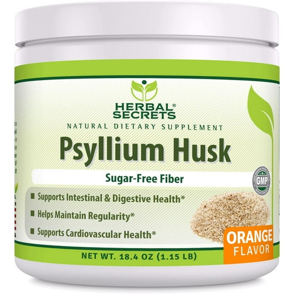 Herbal Secrets Psyllium Husk Powder 1.15 Lb, Orange Flavor Supplement - Vegan, Dairy Free, Sugar Free, Gluten Free, Non-GMO -Supports Intestinal Health & Metabolism* -Helps Maintain Regularity*