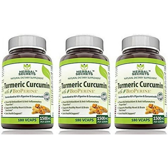 Herbal Secrets Turmeric Curcumin with Bioperine Dietary Supplement 1500 Mg per Serving, 180 Veggie Capsules (Non-GMO) - Pack of 3 - Supports Healthy Heart & Brain Function