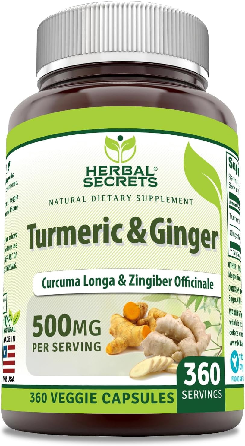 Herbal Secrets Turmeric & Ginger 500 Mg Per Serving 360 Veggie Capsules Supplement | 225mg of Turmeric & 275mg of Ginger | Non-GMO | Gluten Free | Made in USA