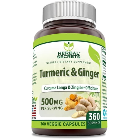 Herbal Secrets Turmeric & Ginger 500 Mg Per Serving 360 Veggie Capsules Supplement | 225mg of Turmeric & 275mg of Ginger | Non-GMO | Gluten Free | Made in USA