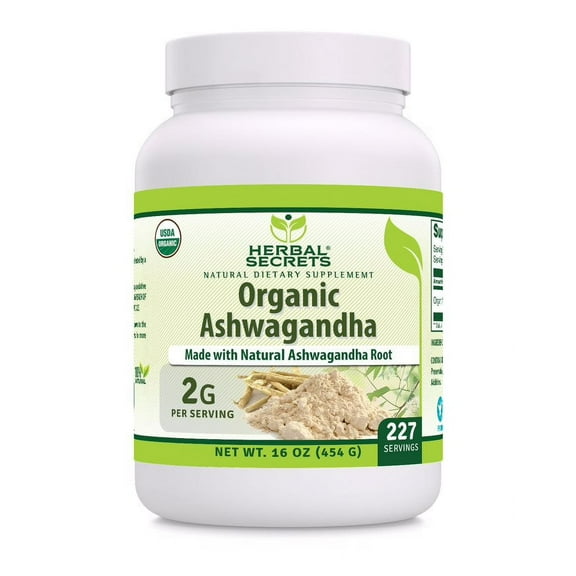 Herbal Secrets USDA Certified Organic Ashwagandha Root Powder 16 Oz | 227 Serving | 2G Per Serving | Non-GMO | Gluten Free