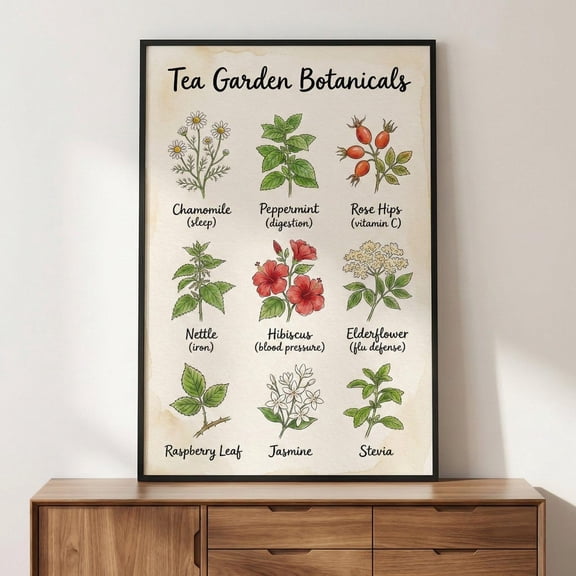 Herbal Tea Chart Vintage Botanical Kitchen Cottagecore Herb Wall Decor Unframed Paper Print