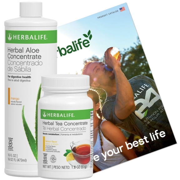 Herbal Tea Concentrate Lemon Flavor 1.8 oz H E R B A L I F E. and Herbal Aloe Mango Flavor 16 Fl. with Product Catalog