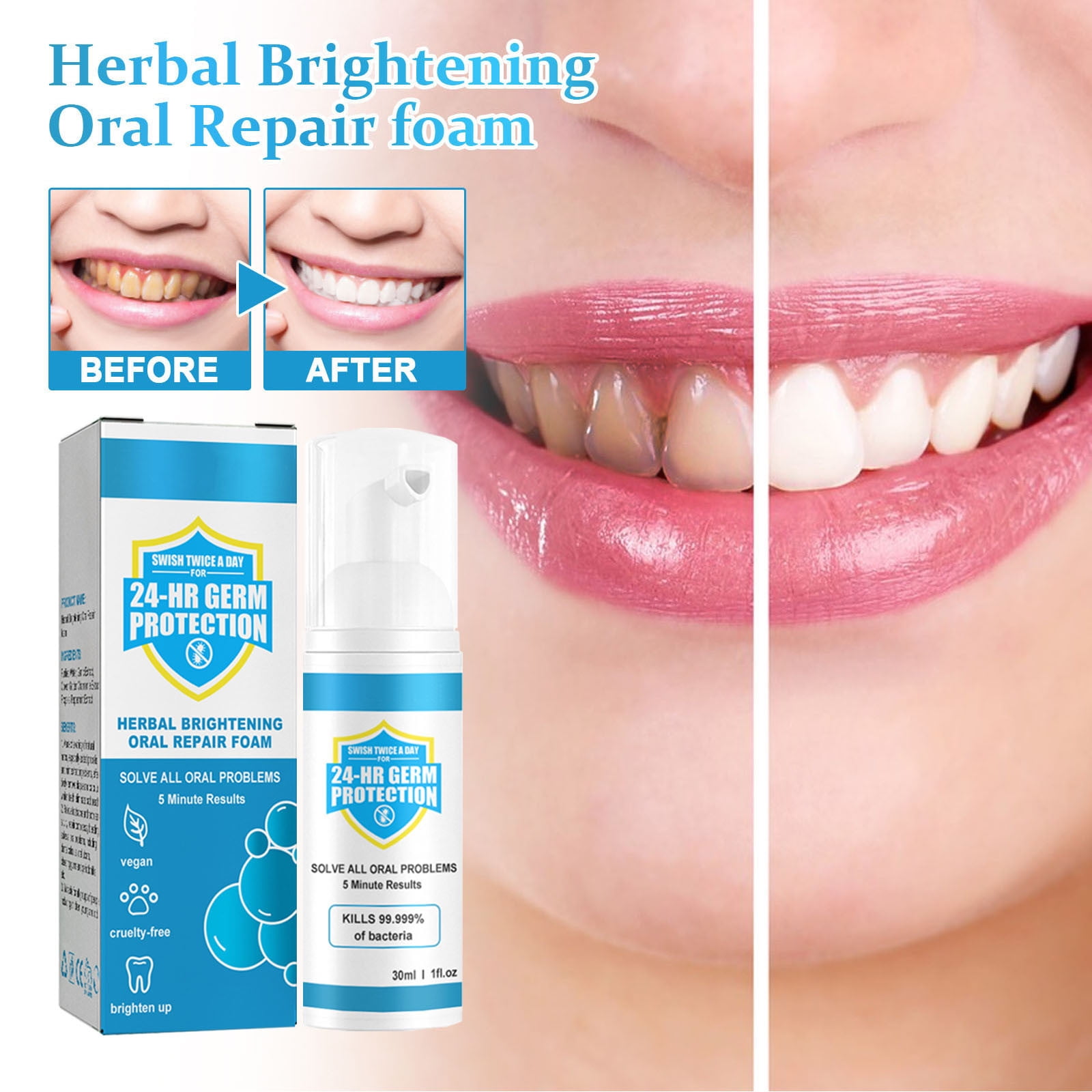 Herbal Whitening Oral Repair Foam 30ml, Teeth Whiten Mouthwash, Gum Repair Mouthwash, Whiten Gum