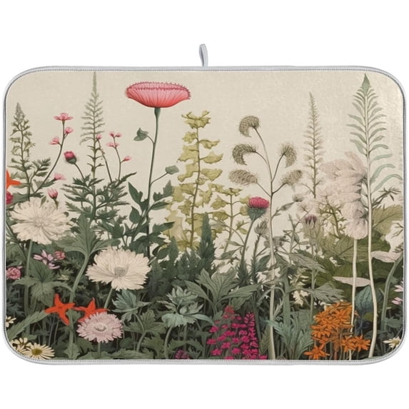 Herbal Wildflower Dish Drying Mat for Kitchen Counter, Ultra Absorbent Reversible Microfiber Dishes Drying Rack Pad Heat-resistant Mats 18x24in