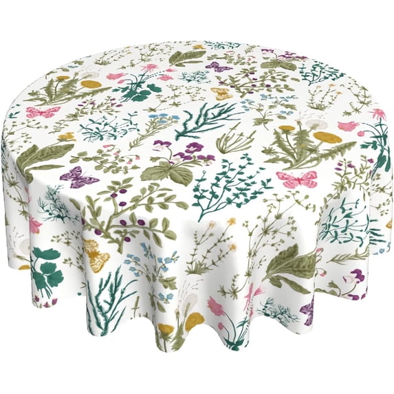Herbal Wildflowers Table Cloth Spring Summer Round Tablecloth 60 Inch Floral Tablecloth for Parties Dining Table Living Room Kitchen Decor