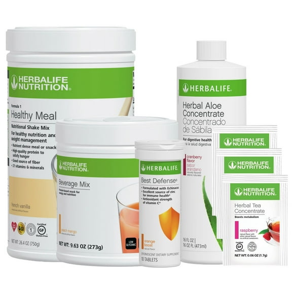 Herbal life. Aloe Cranberry Pint and Beverage Mix Peach Mango 9.63oz Combo: Formula 1 French Vanilla Flavor 26.4oz, Best Defense Orange Boost 10 tablets with 3 Tea Packets Raspberry Flavor