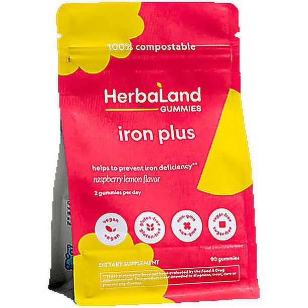 Herbaland Iron Plus Gummies Vegan Vitamin Supplement, Raspberry