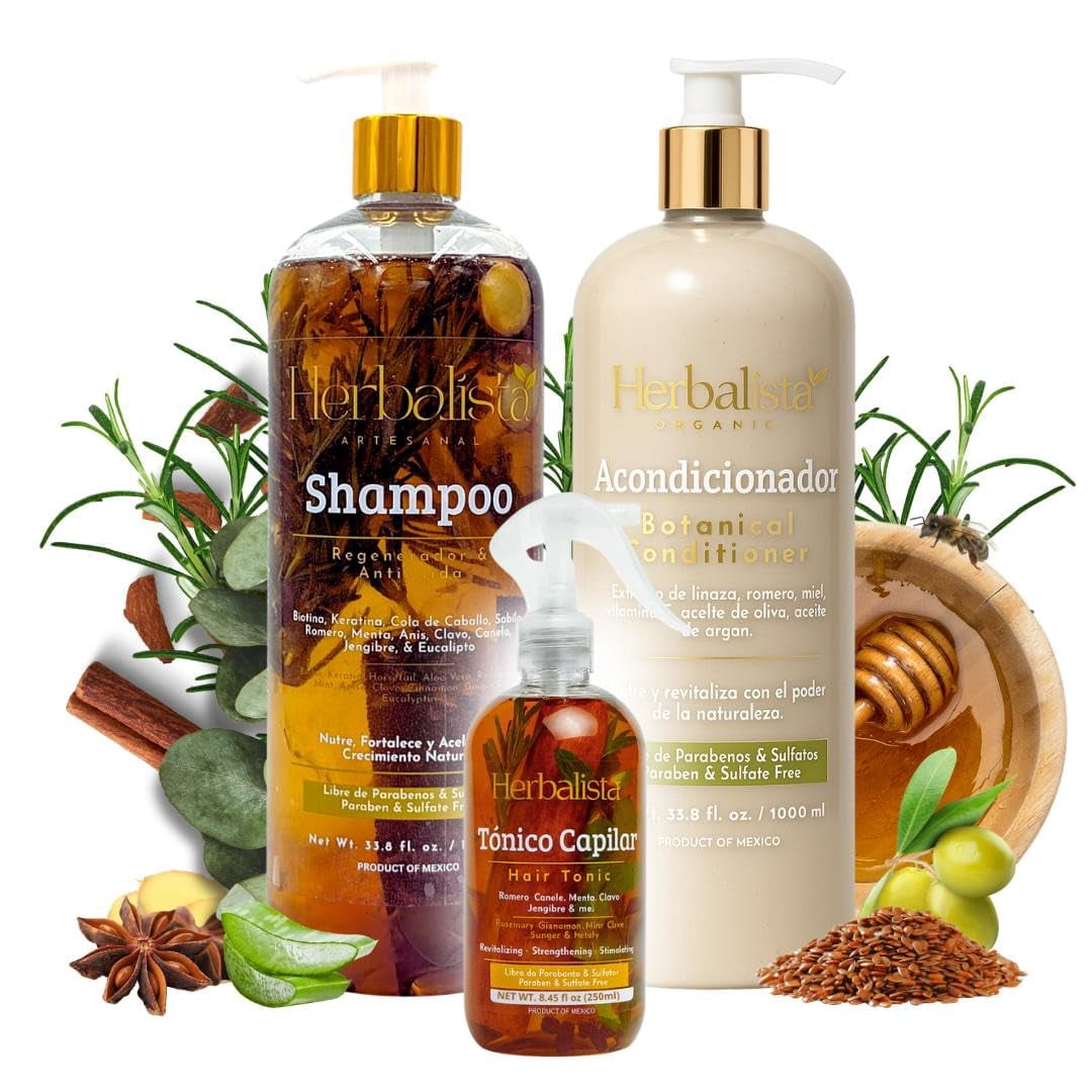 Herbalista Viral 3 Pack Herbal Hair Care Bundle – Shampoo & Conditioner 1000ml (33.8 fl oz) Each + Tonico Capilar 250ml – With Real Botanicals – 3 Piezas Shampoo & Acondicionador + Tonico Capilar.