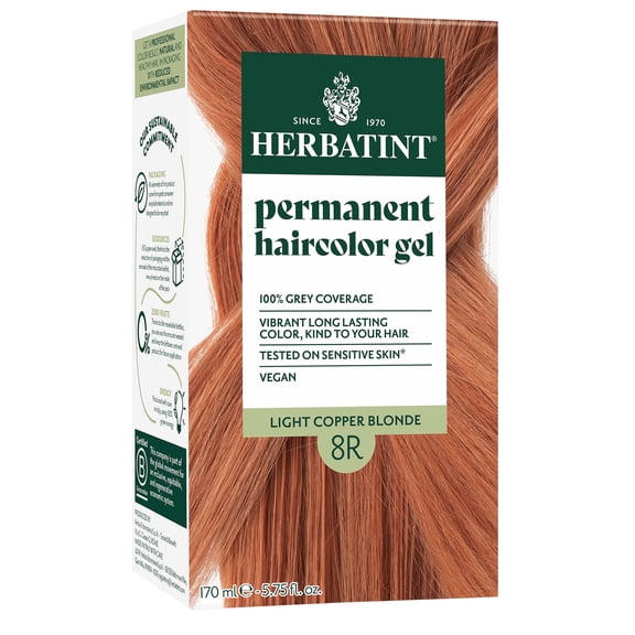 Herbatint Permanent Hair Dye For Women, 8R Light Copper Blonde, Alcohol Free, Vegan, 100% Grey Coverage - 5.75 fl oz