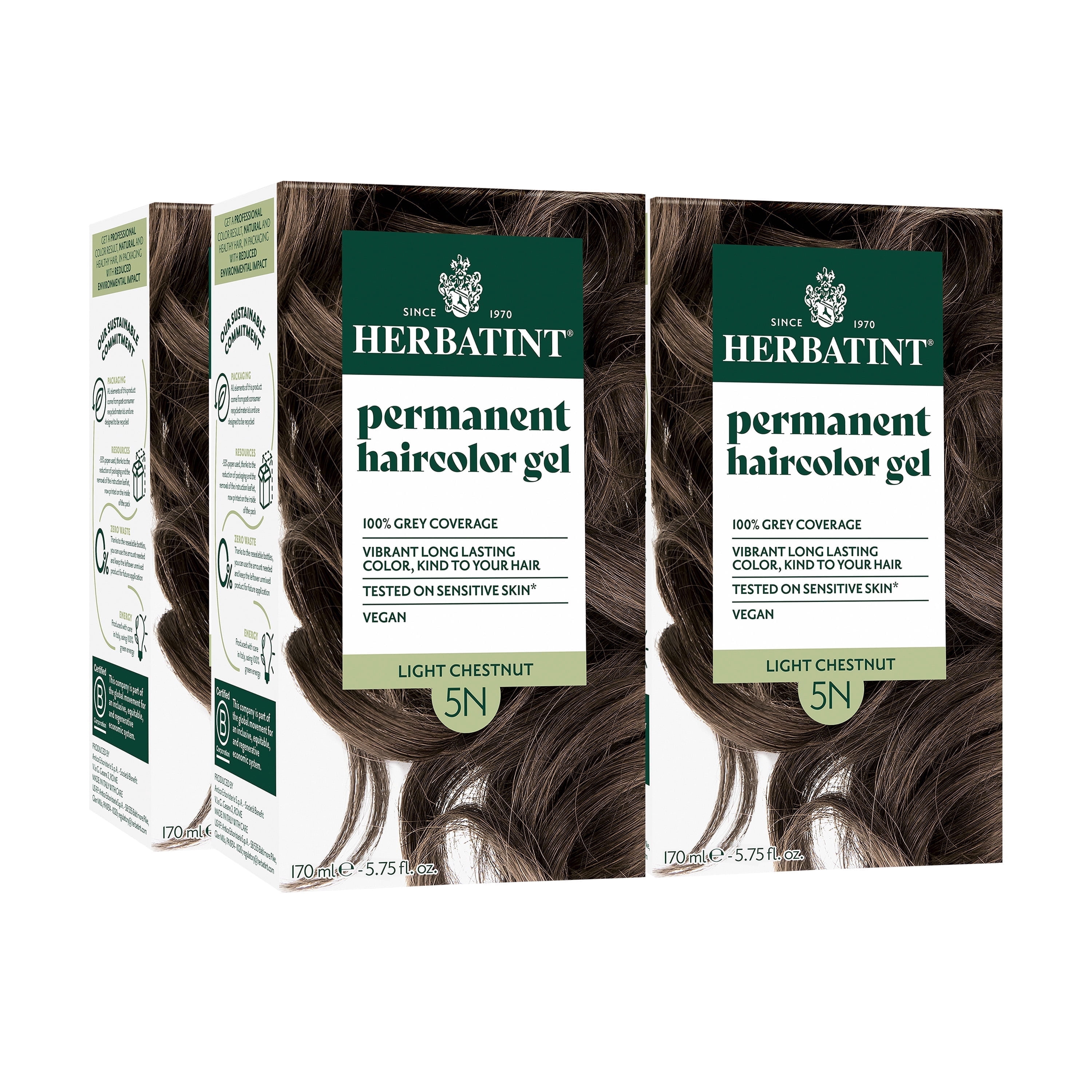 Herbatint 5N Light Chestnut - Permanent Hair Dye For Women, 100% Grey Coverage - Ammonia-Free, Alcohol-Free & Vegan - 5.75 fl oz (4 Pack)
