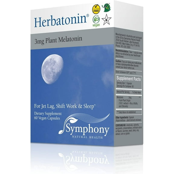 Herbatonin 3mg - The Only Natural Plant Melatonin Natural Sleep Cycle, Body Clock And Circadian Rhythm Support For Jet Lag, 60 Vegan Capsules (60 Day Supply)