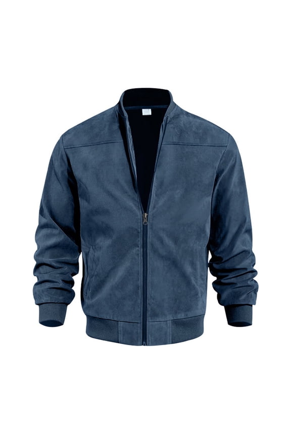 Men's Suede-Like Zip Up Jacket, Stand Collar Casual Lightweight Coat with Pockets, Elastic Cuffs for Spring Fall,XL,Navy