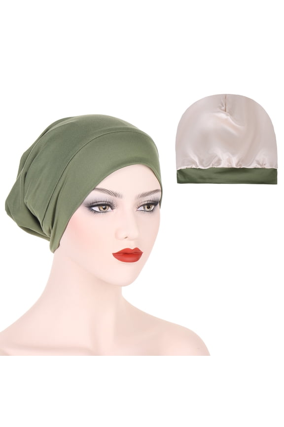 Solid Silk-Like Sleep Cap for Hair Care, Stretchy Wide Edge, Adjustable Soft Chemo Cap for Adults, Multiple Colors,one size fits all,grass green