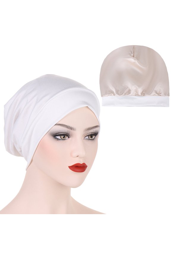 Solid Silk-Like Sleep Cap for Hair Care, Stretchy Wide Edge, Adjustable Soft Chemo Cap for Adults, Multiple Colors,one size fits all,white