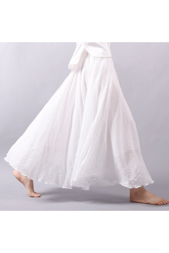 Women's Cotton Blend A-Line Maxi Skirt, Solid High Waist Full Length Skirt with Elastic Waistband, Flowy Boho Skirt,75cm,White
