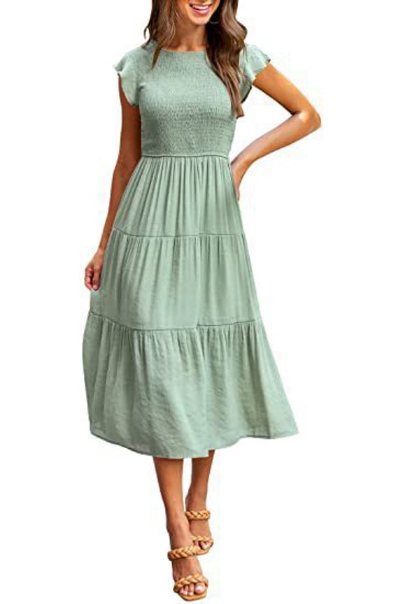 Women's Flutter Sleeve Tiered Maxi Dress, Smocked Elastic Waist Ruffle Layered Long Dress with Puff Sleeves,L,Light Green