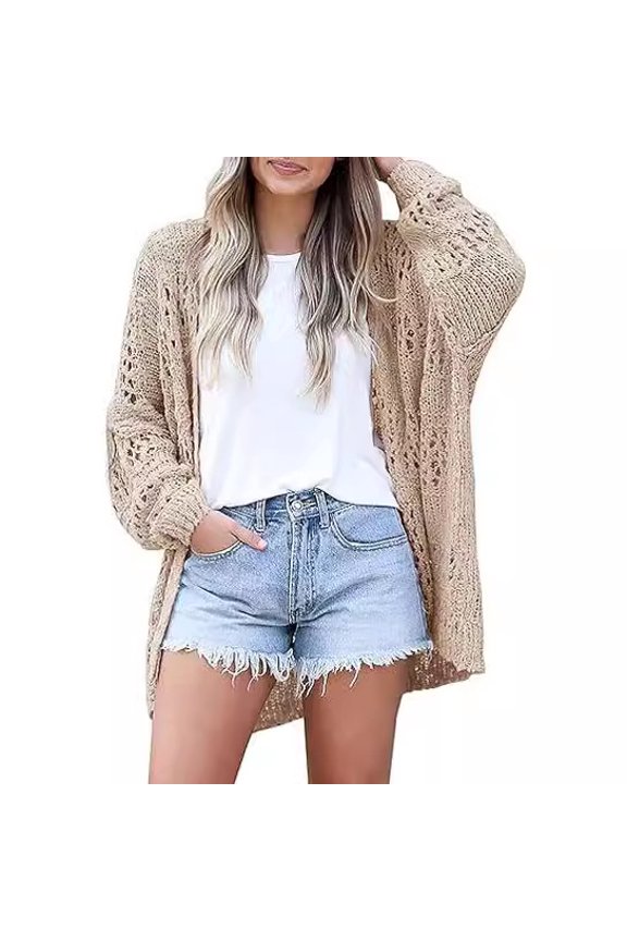 Women's Loose Fit Hollow Out Cardigan, 3/4 Sleeve Open Front Knit Sweater, Solid Color Lightweight Summer Top,L,Brown