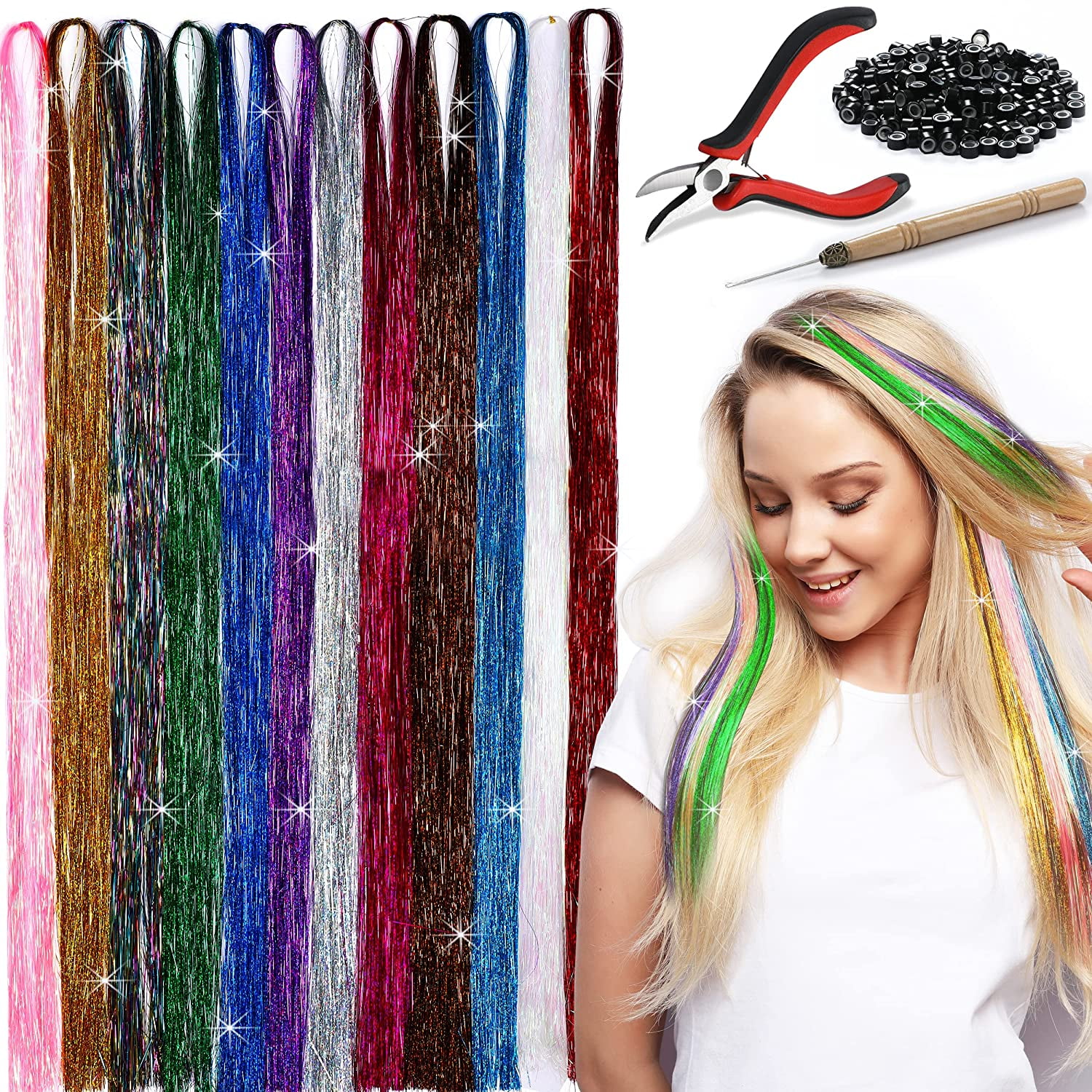 Hair Tinsel – 12 Colors 2400 Strands 47 Inches Glitter Hair Extensions