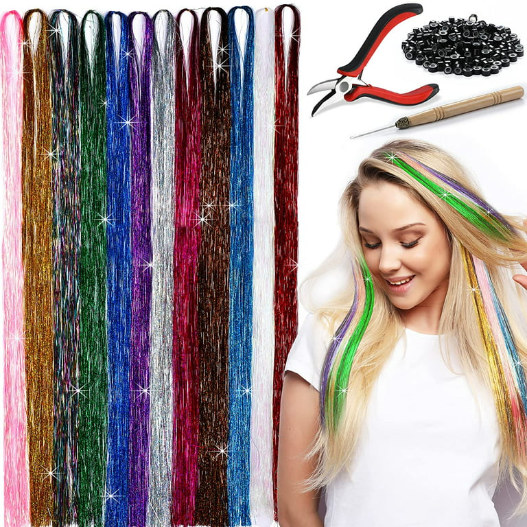Herbiar Hair Tinsel Kit 12 Colors 47inch 2400 Strands Silver
